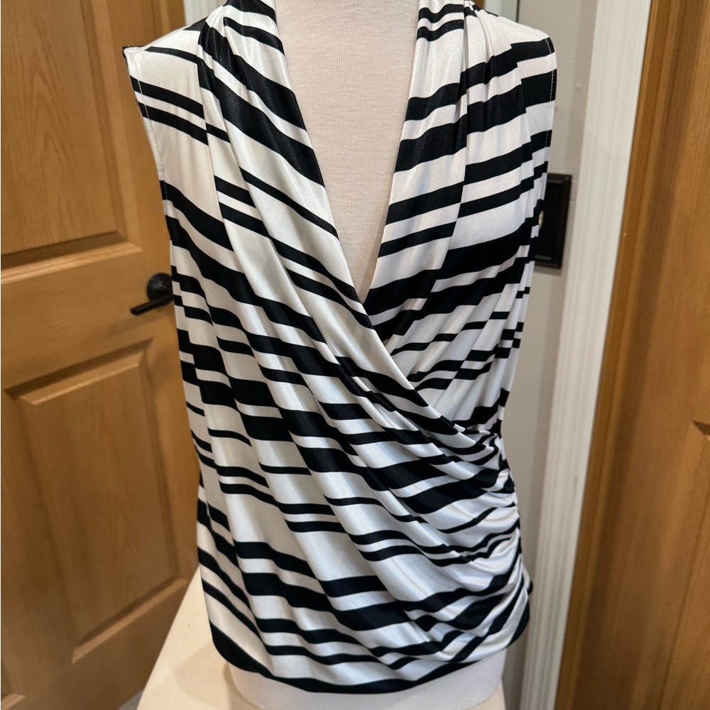 New York & Company Black and White Striped Sleeveless Wrap Top